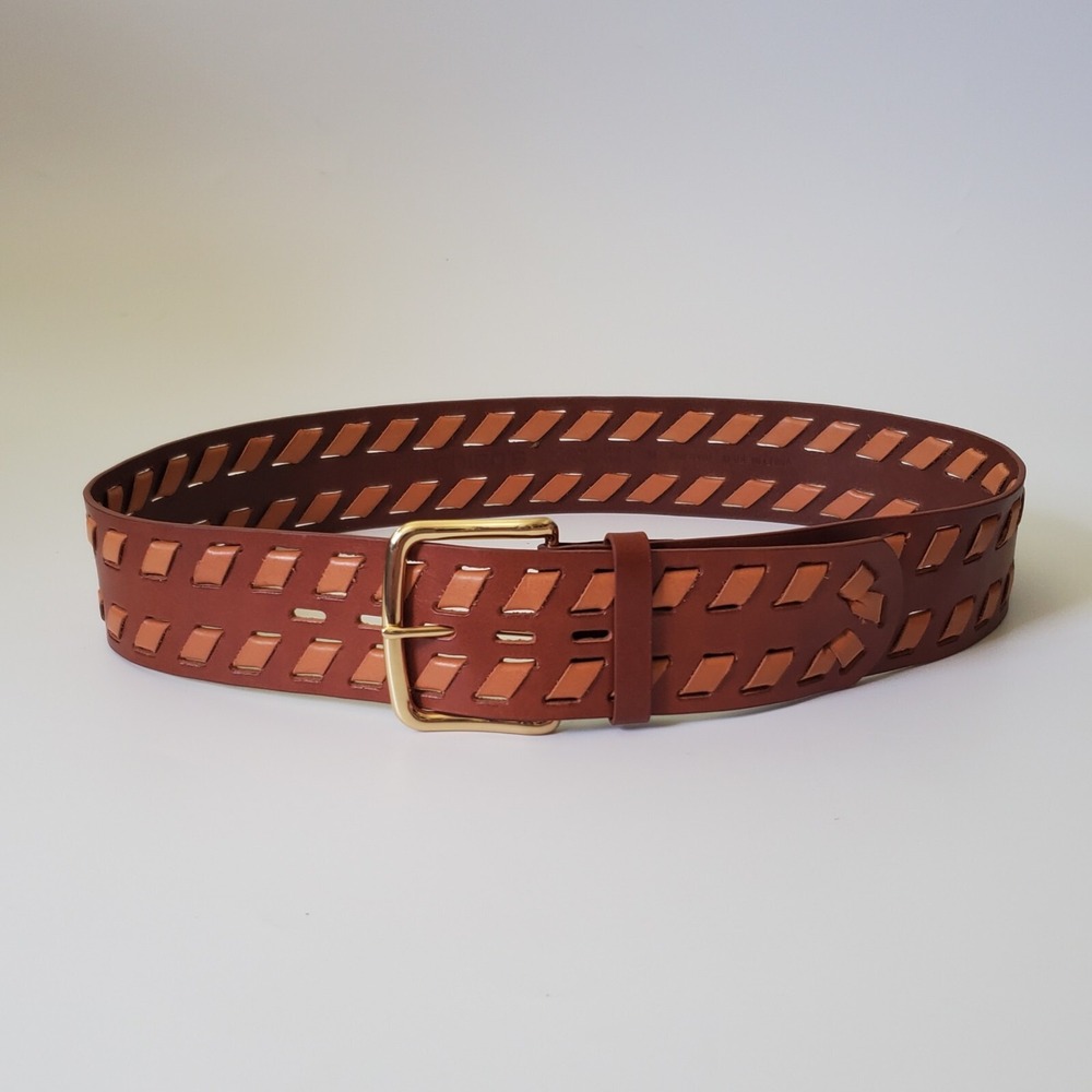 Chicos‎ Wide Woven Leather Hip Belt Medium Brown Tan Adjustable Boho Western